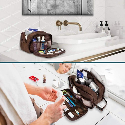 PAVILIA Toiletry Bag for Men, Travel Toiletries Bag | Water-resistant Dopp Kit, PU Leather Shaving Pouch Organizer for Accessories, Cosmetic, Hygiene, Grooming Essentials (Dark Brown)