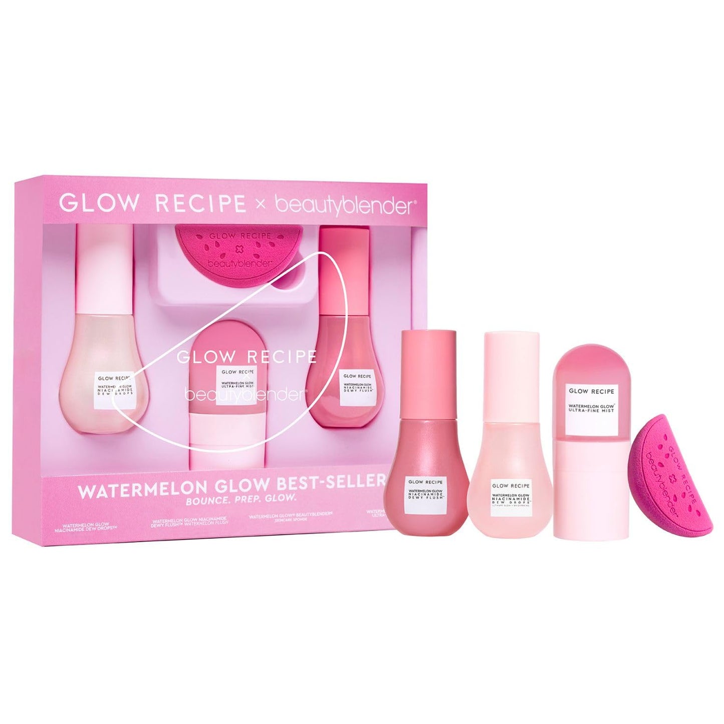 Glow Recipe x Beautyblender: Watermelon Glow Skincare and Makeup Prep Set - Niacinamide Dew Drops, Dewy Flush Liquid Blush, Ultra-Fine Hydrating Face Mist and Exclusive Beautyblender Makeup Sponge
