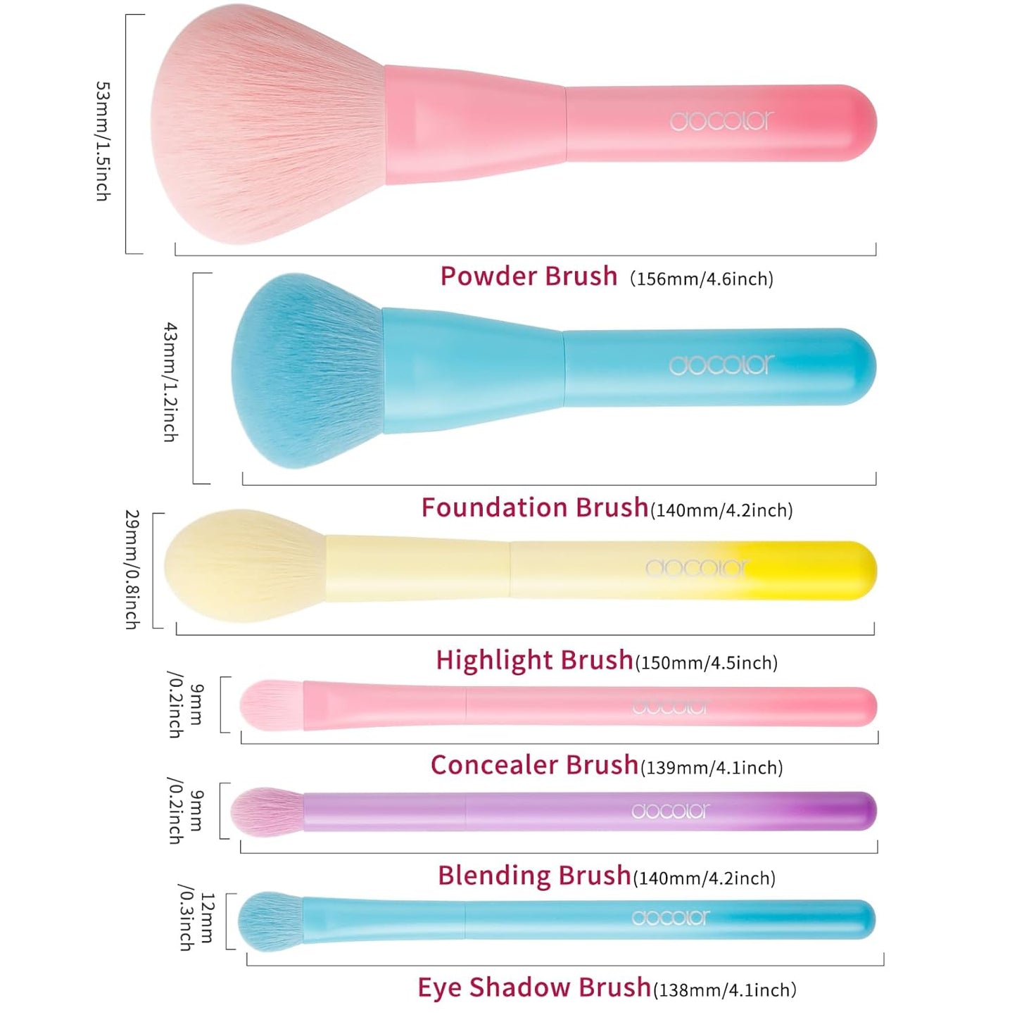 Docolor 6 Piece Makeup Brush Set - Full Face & Eye Application | Cruelty-Free, Vegan Mini Brushes