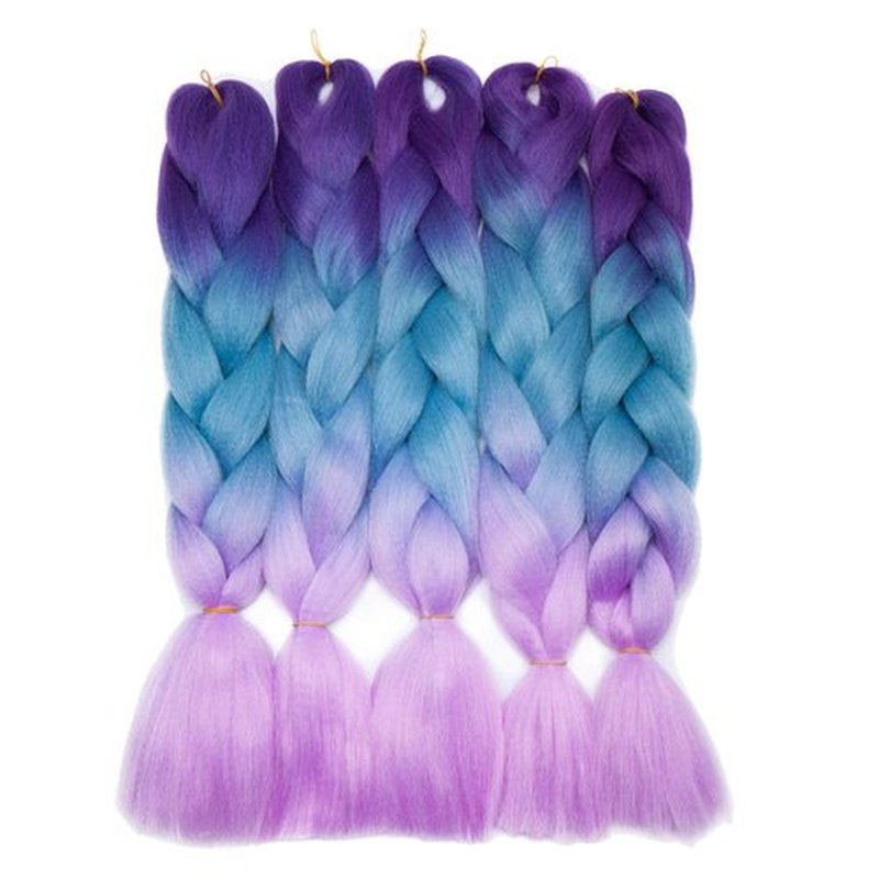 24" Ombre Jumbo Braiding Hair 3 Tone Colored Jumbo Braids Crochet Hair Extensions Box Twist Braid Crochet Hair Ombre Long Jumbo Braids High Temperature (3 Bundles,purple to lake blue to purple）
