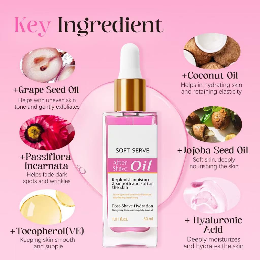 Strawberry Vanilla After Shave Oil, Moisturize and Smooth Skin, Prevent Ingrown Hairs & Dryness, Soft Serve After Shave Oil for All Skin Types (1.01 fl. oz.)
