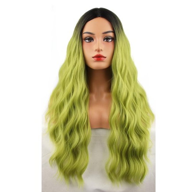 MAGQOO Matcha Green Wigs for Long Curly Wavy Green Wig with Bangs Dark Roots Synthetic Heat Resistant Cosplay Costume Wig Cap Included