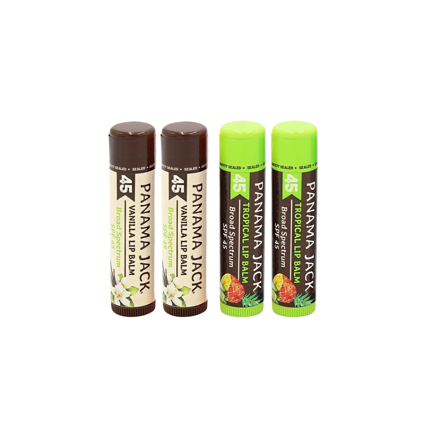 Panama Jack Passport to Flavor - Travel Sunscreen Lip Balm Bulk SPF 45 Stick - 4 Pack Tropical & Vanilla