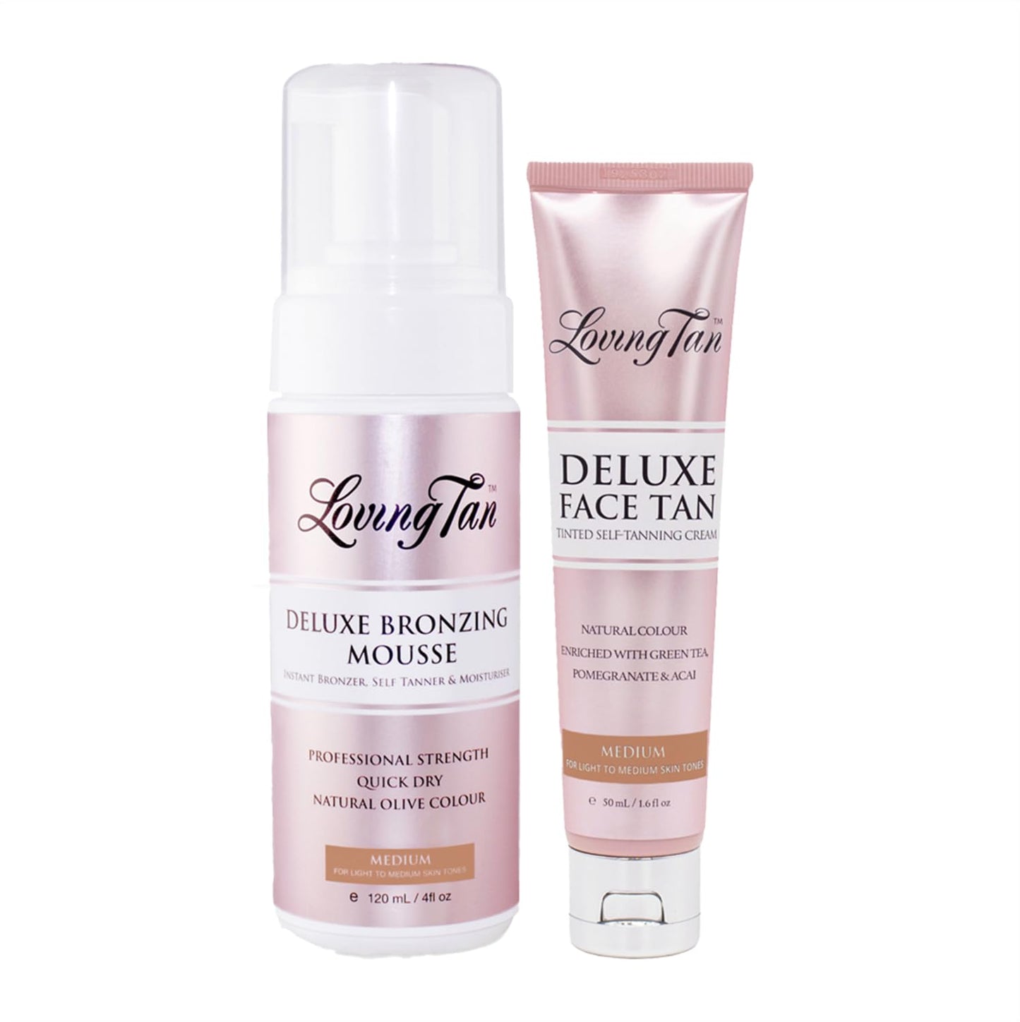 Loving Tan Deluxe Bronzing Mousse (4FL Oz) + Face Tan (1.6Oz), Medium - Streak Free, Natural looking, Professional Strength Sunless Tanner - Cruelty Free, Naturally Derived DHA