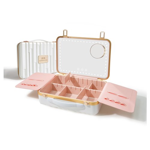 ROWNYEON Travel Makeup Case With Light Up Mirror Removable divider Portable Train Case Organizer Makeup Box for Girls Makeup Artist, Makeup Tools, Hairstylist Travel Makeup Case With 10x Mirror(White)