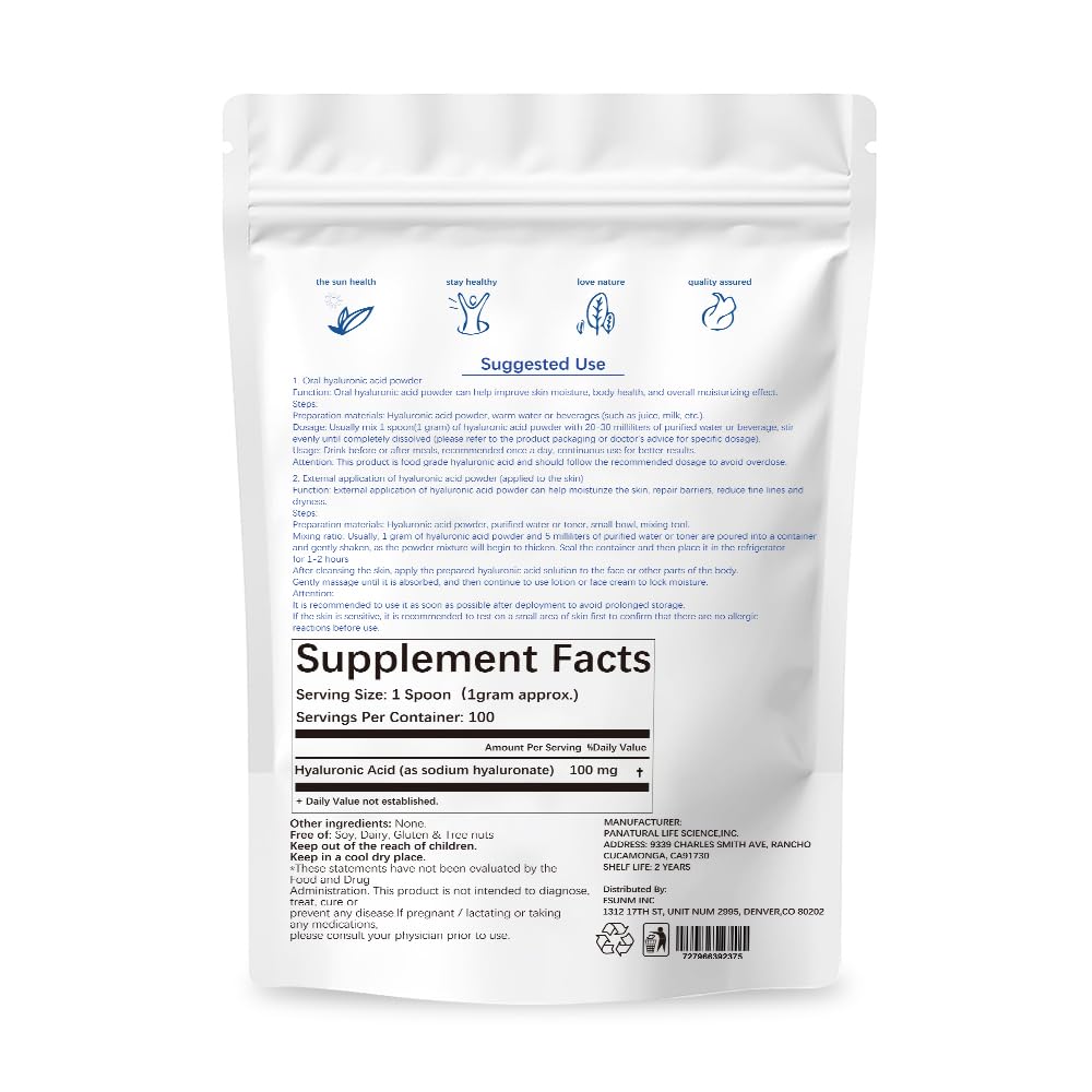 ESUNM Hyaluronic Acid Powder for Skin Care,Low Molecular Weight, Cosmetics Grade | Skin Hydration and Moisture Support Supplements,Water Soluble Moisturizing Ingredient for DIY Facial Serum 3.52 oz