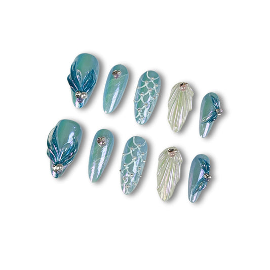 Yabonica Original Handmade Press On Nails Medium with Blue Seashell Charm Design, Set of 10 Pcs Acrylic Press On False Nails Almond Reusable Stick On Finger-Cute Woman Girl Gift (047, M)