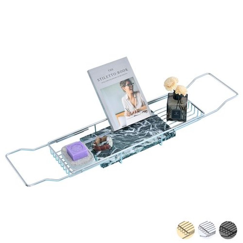 MARBBNEST Bathtub Tray Caddy for Luxury Bath Expandable Extra Wide Bath Tub Tray with Natural Marble Tray and Mobile/Tablet Stand, Ideal for Home Spa Lovers(Chrome + Large Flower Green)