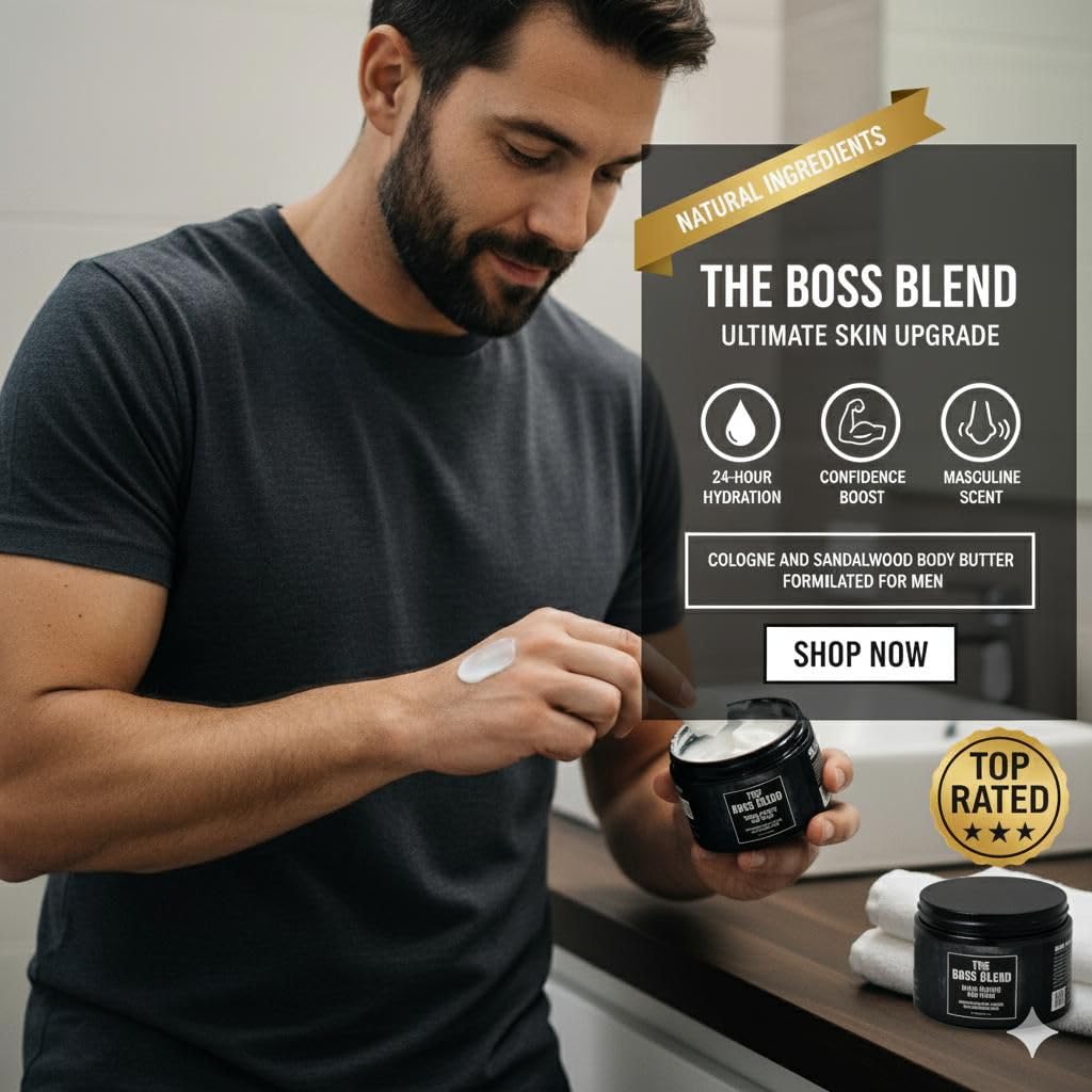 Body Butter for Men, Shea and Mango Butter Blend, Boss blend Cologne Scented Moisturizer for Men.