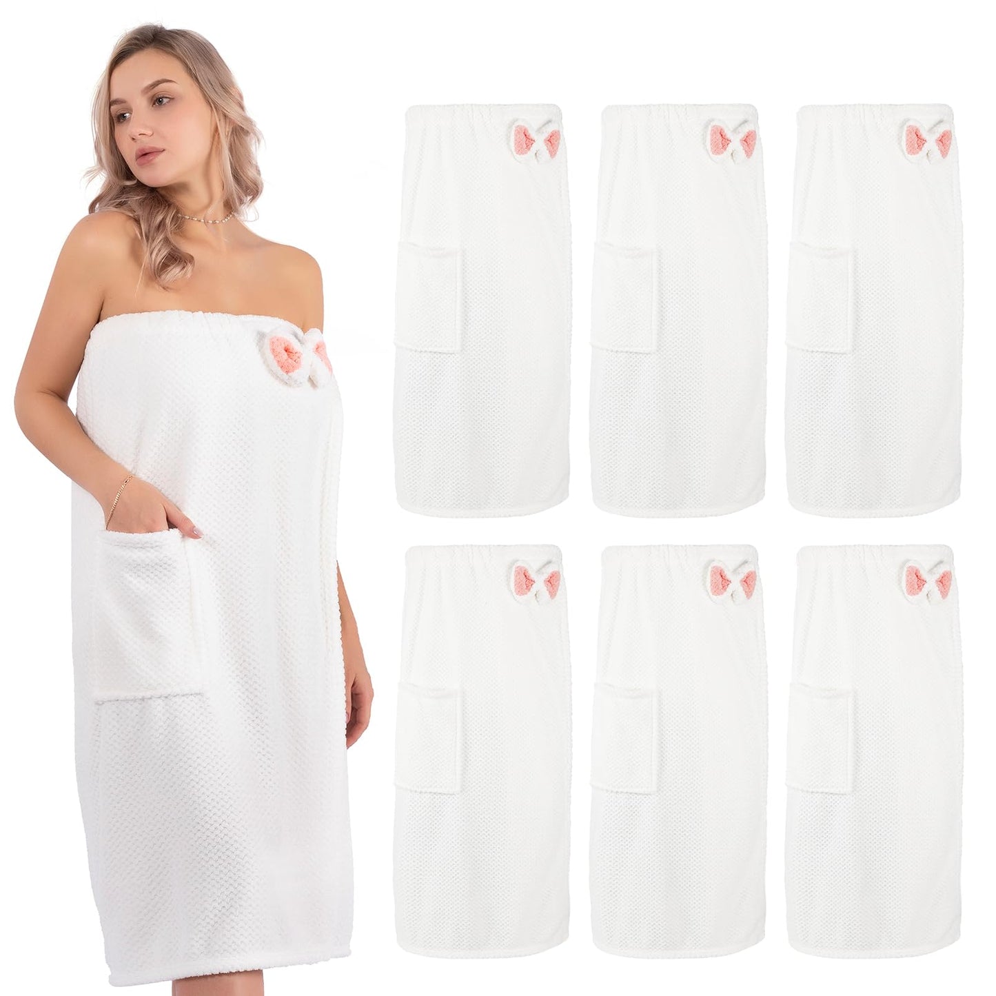 AUECOOME 6 Pcs Spa Robe Bath wrap Towels for Women Waffle Spa Wraps with Pocket Adjustable Closure Lightweight Towel Wraps for Bath Shower (White, Medium)