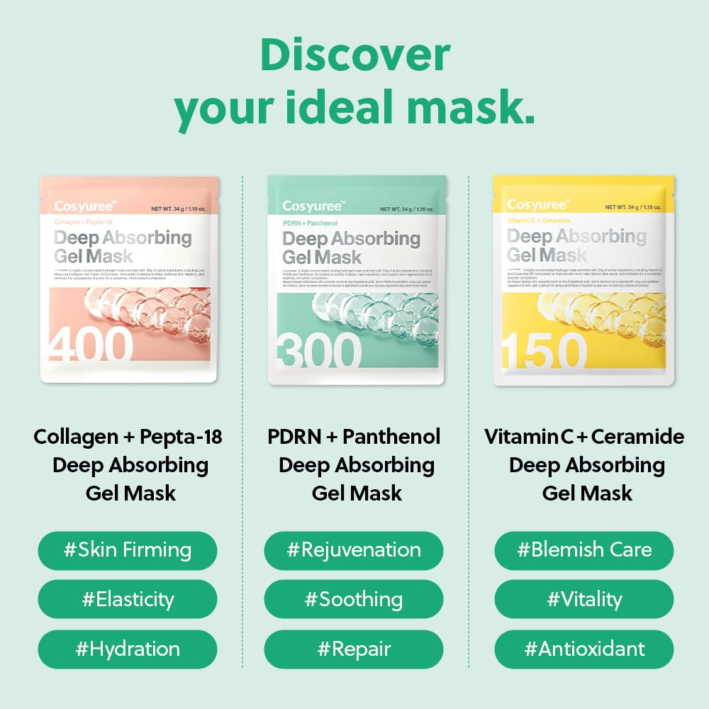 COSYUREE PDRN + Panthenol Deep Absorbing Hydrogel Mask, Korean PDRN Hydrogel Mask, Overnight Face Mask, Hydrating, Glass Skin, Repairing, Korean Skincare, 34g x 4ea