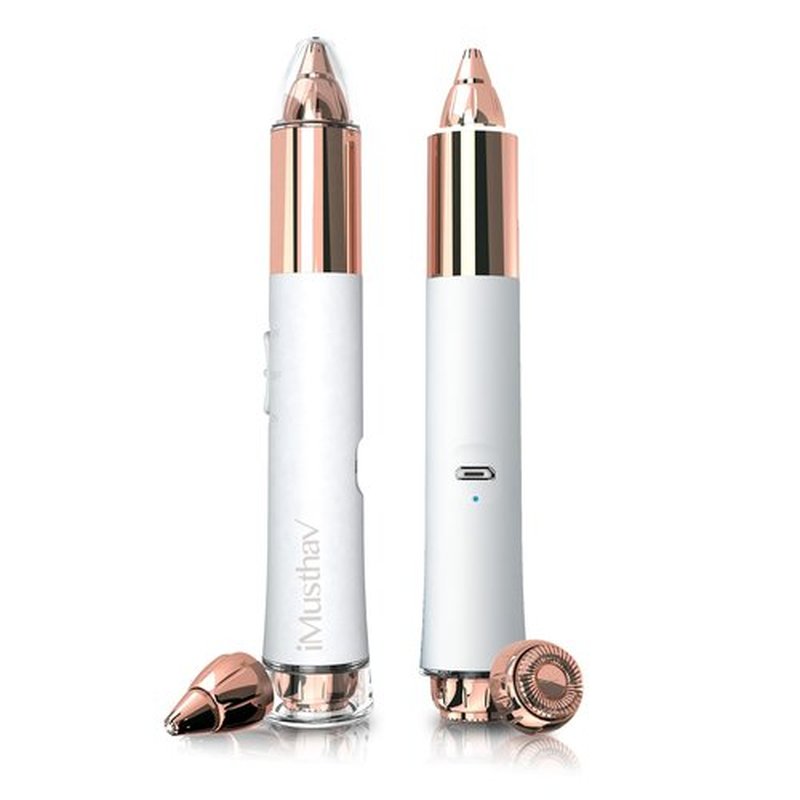 2-in-1 Portable Rechargeable Painless Eyebrow Trimmer & Facial Hair Remover, removes eyebrow, face, lips and body hair for women. 18K gold plated hypoallergenic heads, 360° LED light for Hair Remover