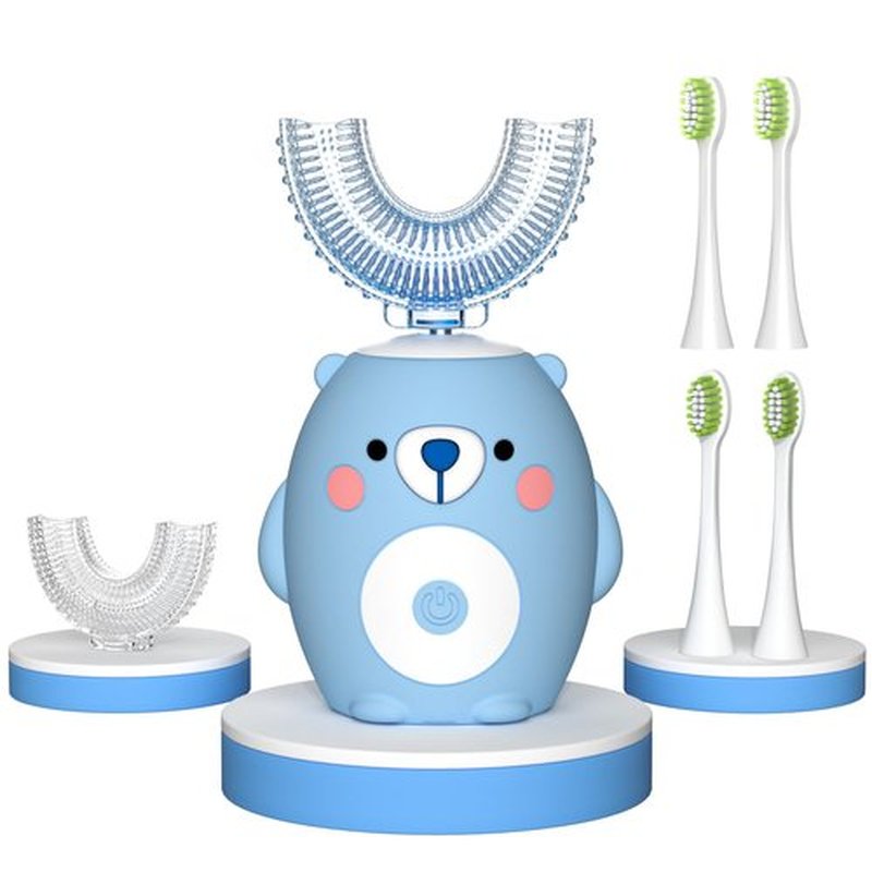 PVOGRT Kids Electric U Shaped Toothbrush, Childrens Toothbrush with 6 Soft Brush Heads Automatic Sonic Toothbrush Rechargeable with 6 Cleaning Modes - (Age2-7 Blue)