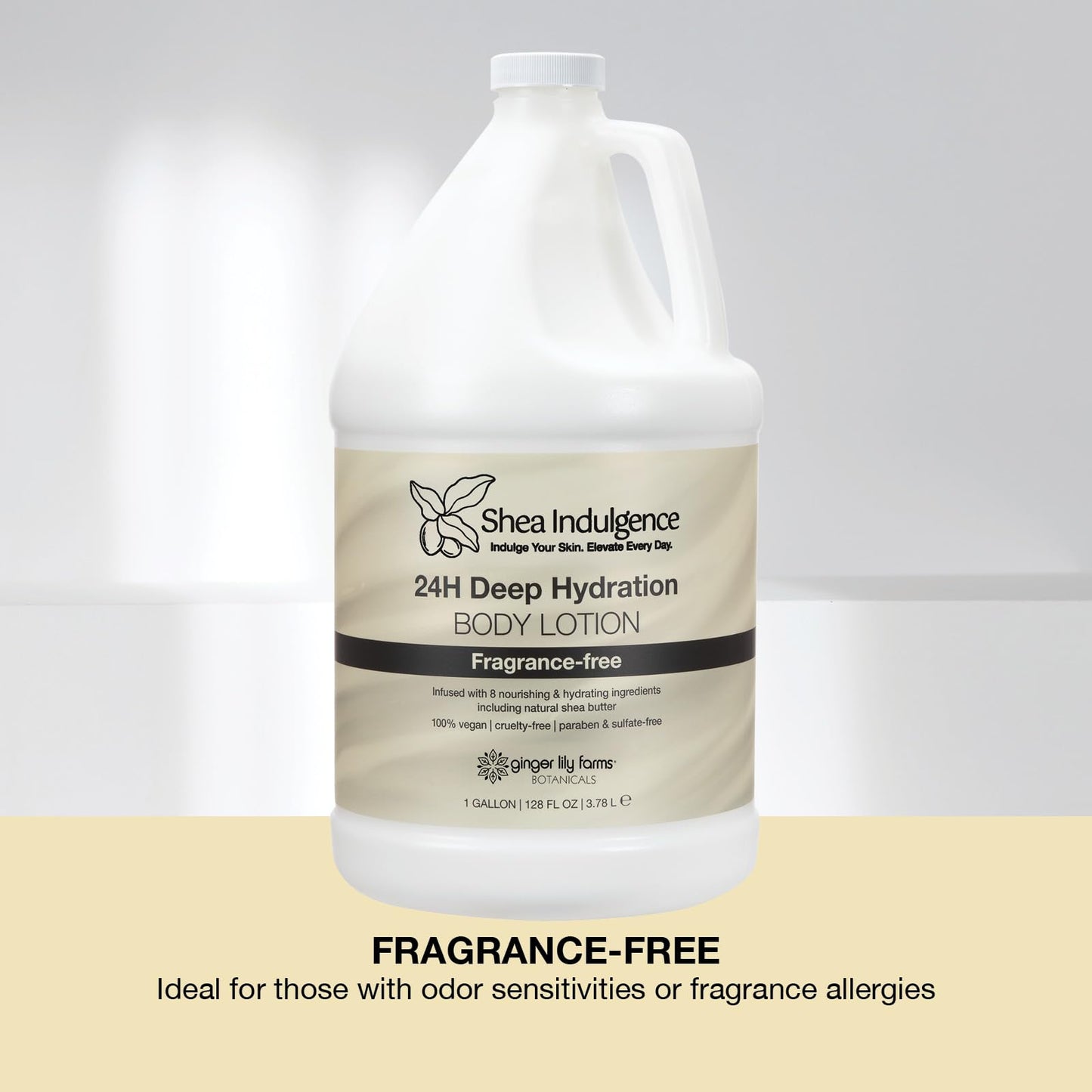 Ginger Lily Farms Botanicals Shea Indulgence 24H Deep Hydration Body Lotion, 100% Vegan & Cruelty-Free, Fragrance-Free, 1 Gallon (128 fl oz) Refill