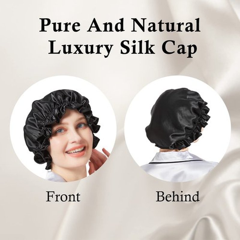 Silk Bonnet for Hair Care, Natural Silk Cap for Sleeping and Shower, Double-Lined, 6A-grade Mulberry Silk Turban Black