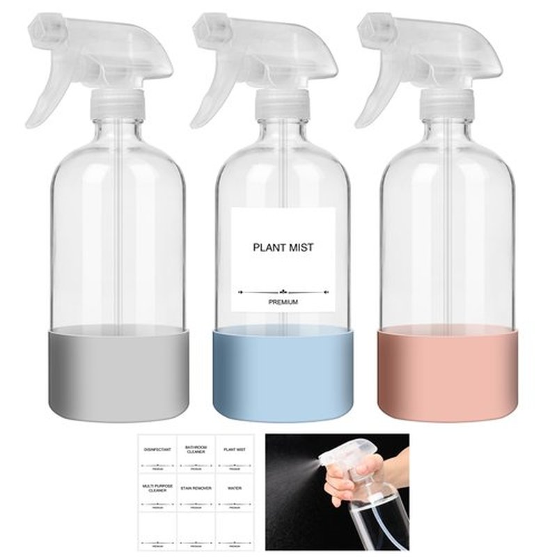 AuroTrends Glass Spray Bottles 16oz 3Pack, Empty Glass Spray Bottles for Cleaning, Glass Spray Bottle with Silicone Sleeve for Cleaning, Essential Oils, Plants(16fl.oz, 3Pack)