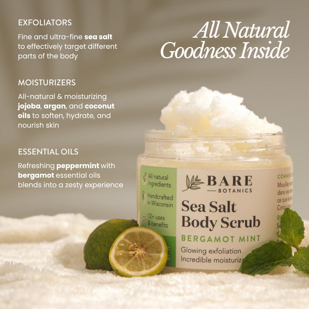 Bare Botanics 24oz Vanilla Hazelnut Coffee Sea Salt Body Scrub | Non-toxic, Vegan & Cruelty-free | Made in Madison, WI | Full Body Exfoliator & Hydrating Moisturizer with a Cute Wooden Spoon