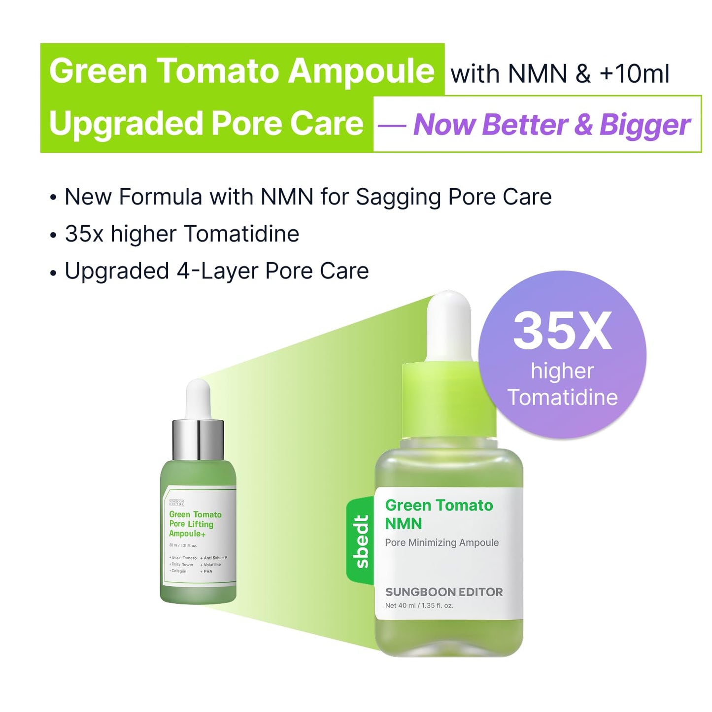 SUNGBOON EDITOR Green Tomato NMN Pore Minimizing Ampoule, Firming Pore Minimizer Serum with NMN, Niacinamide & Green Tomato Extract, Lightweight Korean Skincare for Sensitive Skin, 1.35 Fl Oz