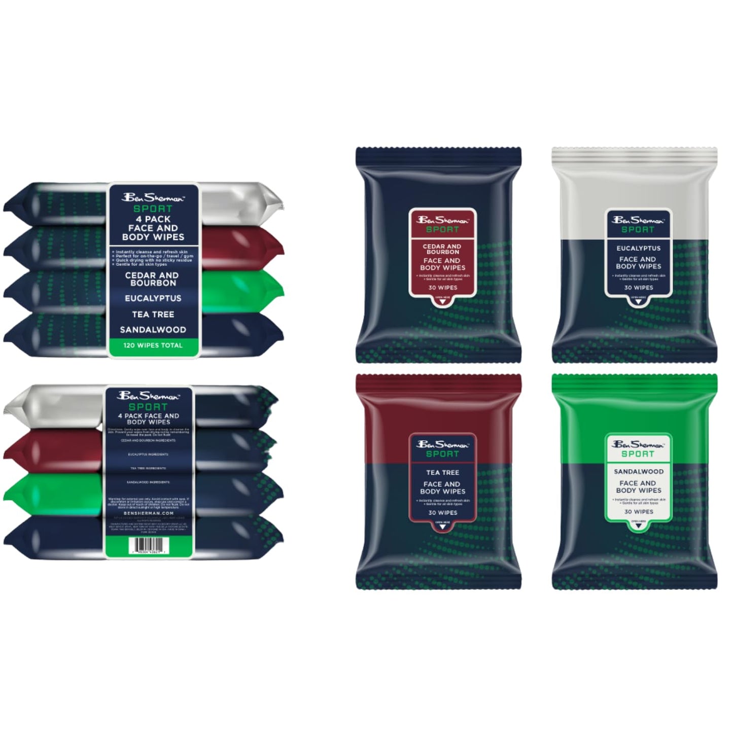 Ben Sherman Men’s Face Wipes – 4 Pack (120 Total) Cleansing Wipes for Men with Cedar, Bourbon, Eucalyptus, Tea Tree & Sandalwood