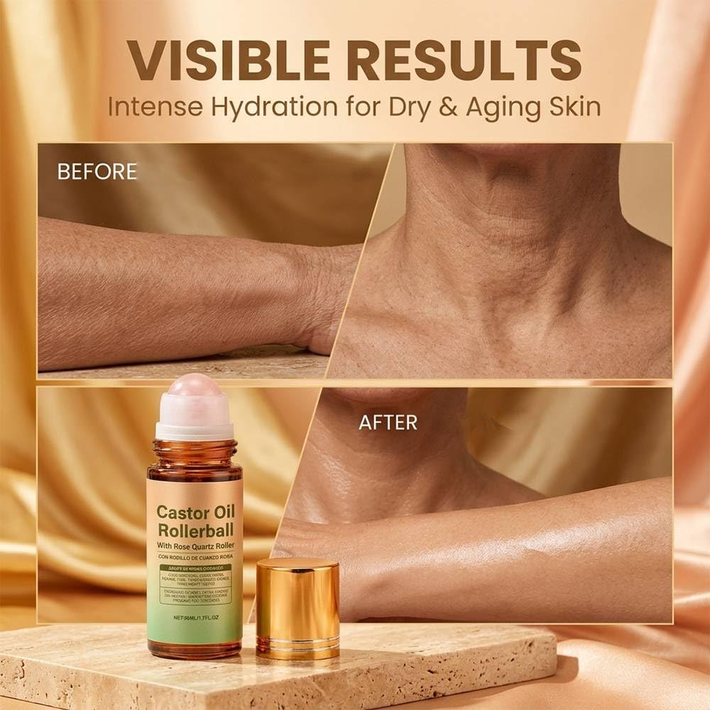 ROVIA 2 PCS Organic Castor Oil Roll On: 100% Cold Pressed Moisturizing Oil with Rose Quartz Roller - for Brows, Lashes, Dry Skin & Face, Travel Friendly Leakproof Roller Bottle