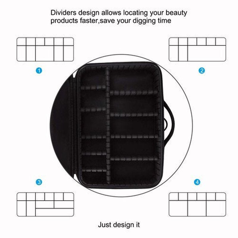 Relavel Makeup Bag Travel Makeup Train Case 13.8 inches Large Cosmetic Case Professional Portable Makeup Brush Holder Organizer and Storage with Adjustable Dividers and Shoulder Strap Black