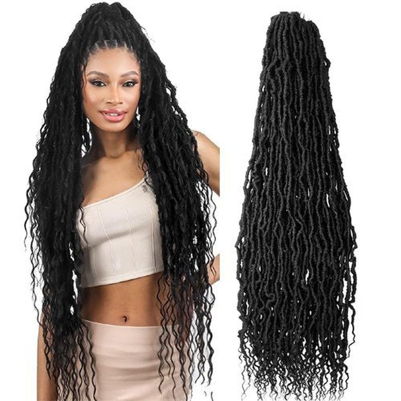 SERENDIPA Boho Faux Locs Curly End, 36 Inch Long Pre-Looped Soft Crochet Goddess Locs Synthetic Hair (6 Packs, 1B, Natural Black)