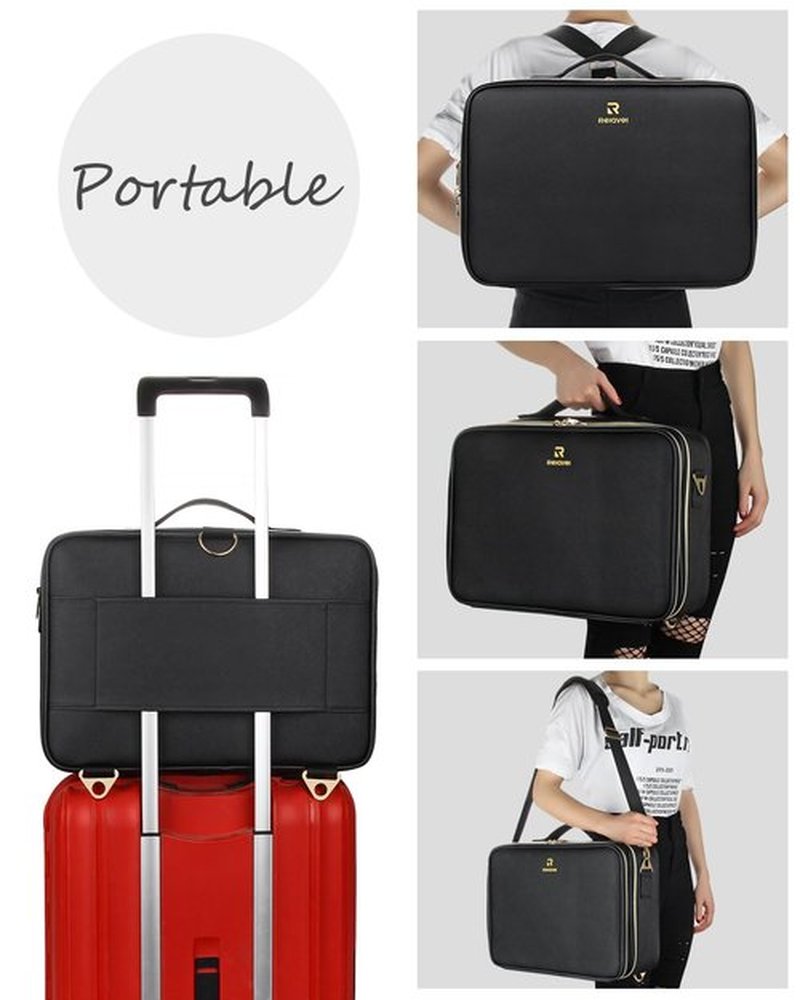 MONSTINA Large Makeup Travel Case Bag,Professional Makeup Artist Train Case with Brush organizer,Large Capacity Cosmetic Bag with Zipper Pocket and Adjustable Compartment（PU Leather Black）
