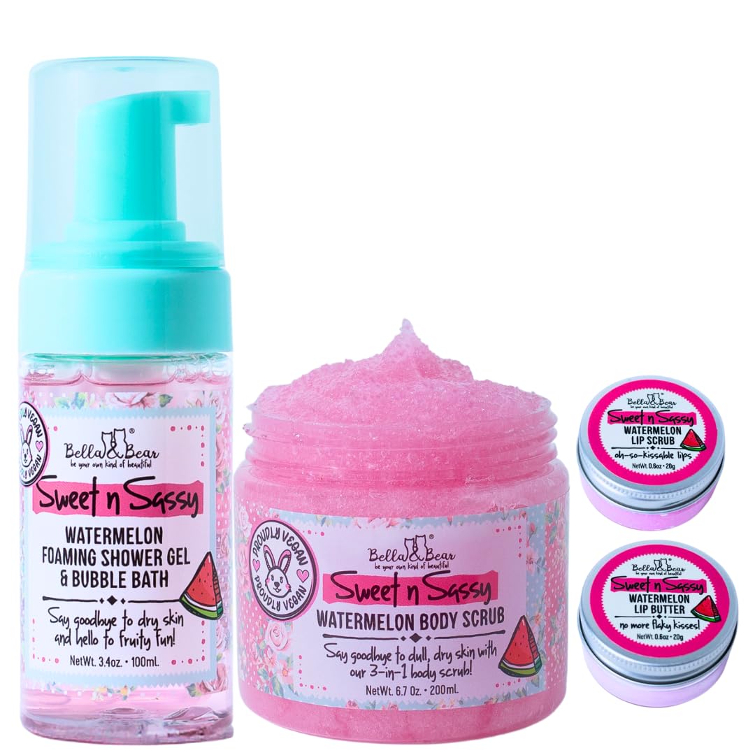 Bella & Bear Sweet 'n' Sassy Spa Gift Set for Women & Teen Girls – Bath & Body Gift Set with Shower Gel, Body Scrub, Lip Scrub & Lip Butter