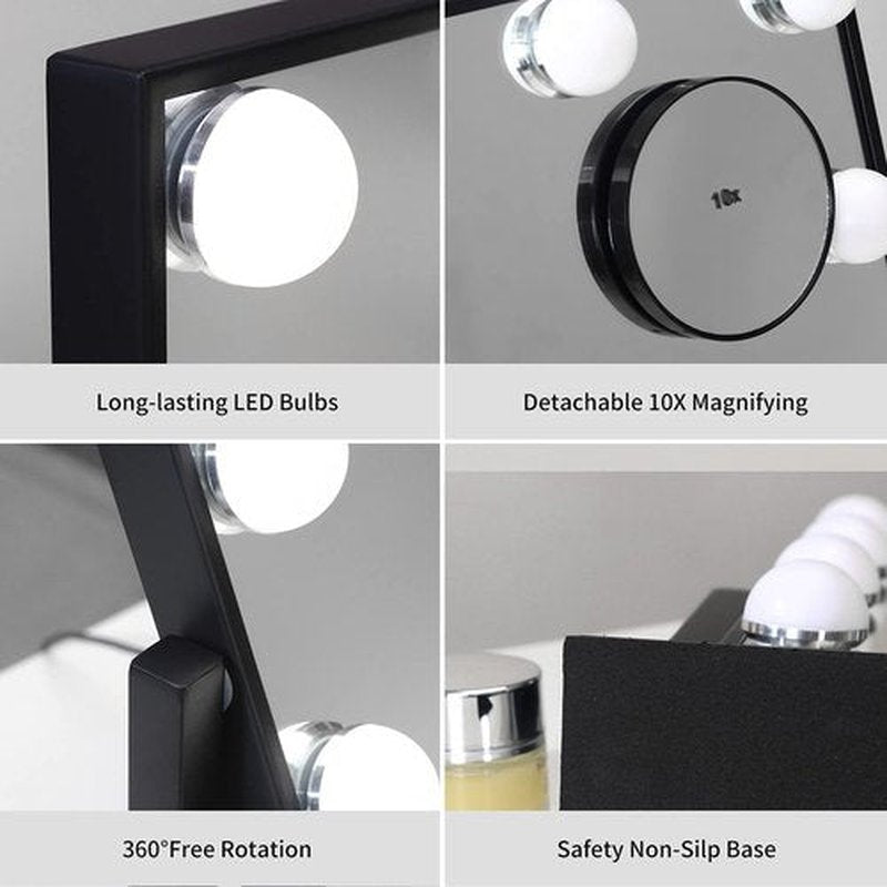 Vanity Mirror with Lights,Lighted Vanity Mirror with 9 Dimmable Bulbs for Dressing Room & Bedroom 3 Color Lighting Modes Detachable 10x Magnification 360°Ratation