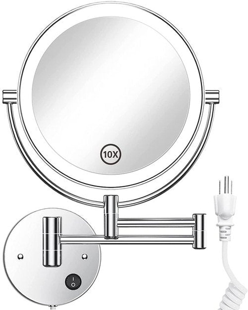 Gospire 8.5 Inch LED Wall Mounted Makeup Mirror Round Double Sided 1X/10X Magnifying Vanity Mirror with Lights 360 Degree Swivel Lighted Cosmetic Mirror (8.5 Inch-10X, Chrome Mirror with LED)