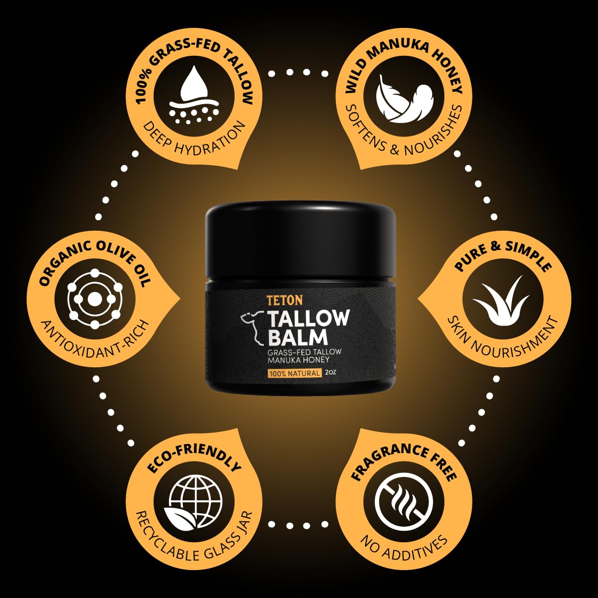 TETON Grass Fed Beef Tallow Balm with Manuka Honey, Olive Oil & Vitamin E – All-Natural Face & Body Moisturizer – Hydrating Skin Cream for Dry, Sensitive Skin – 50ml Glass Jar