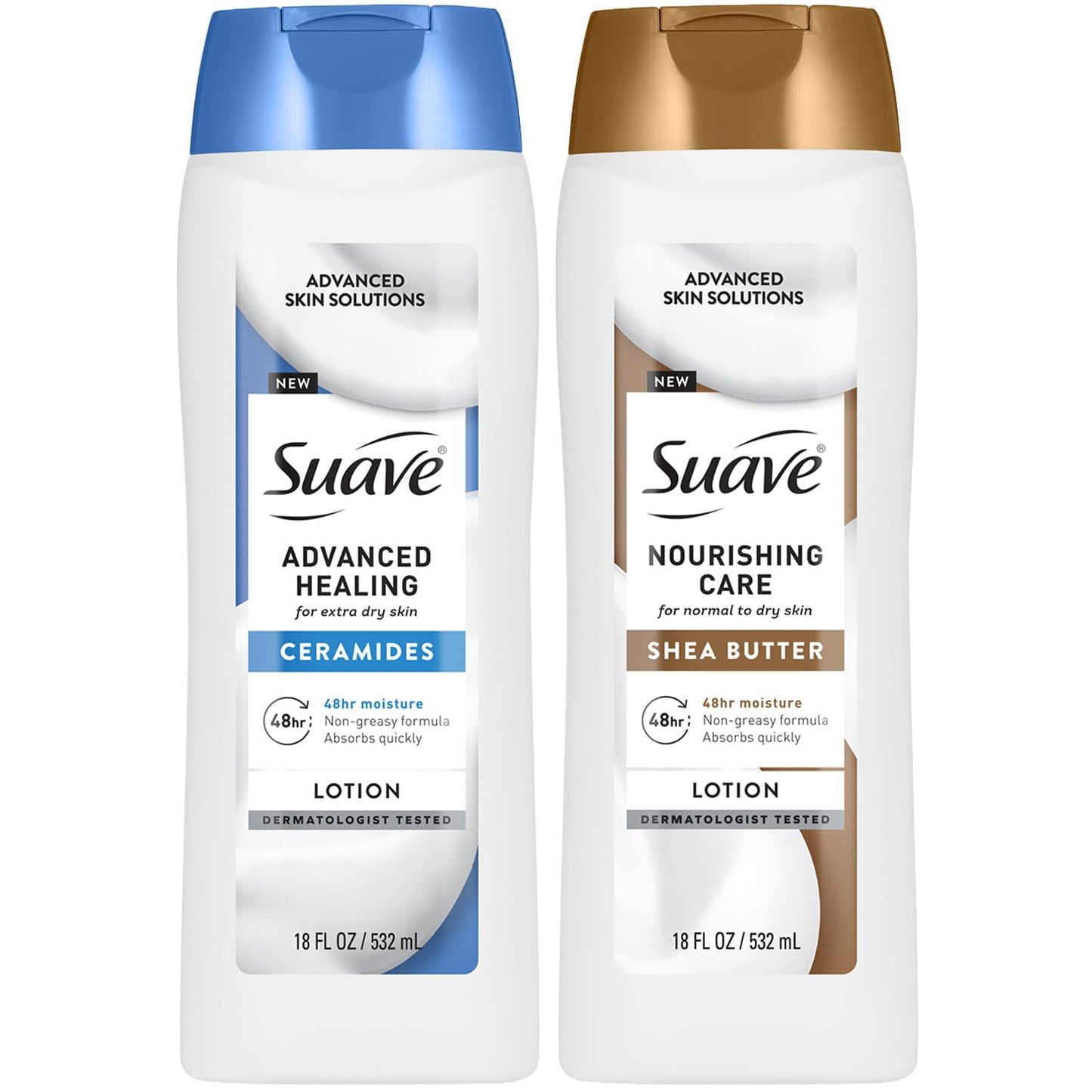 Suave Lotion Variety 2-Pack Bundle – Nourishing Care with Shea Butter + Advanced Healing Hand & Body Lotion for Extremely Dry Skin with Ceramides, 18 Oz Ea