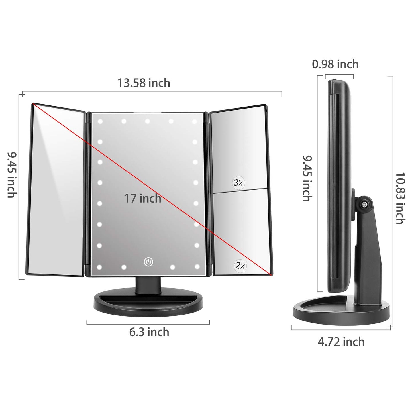 deweisn Tabletop Mount Trifold Lighted Vanity Mirror with 21 LED Lights, Touch Screen and 3X/2X/1X Magnification, Two Power Supply Mode Make up Mirror,Travel Mirror