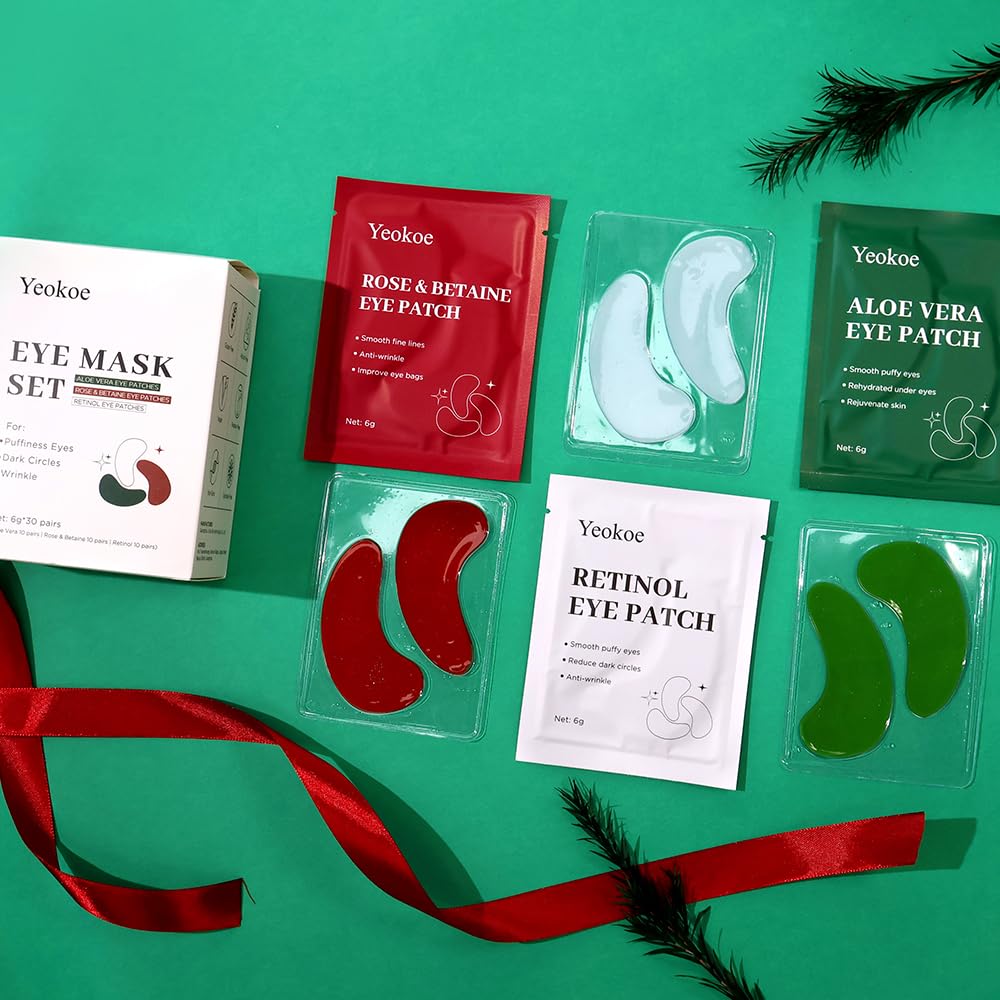 Yeokoe Under Eye Patches For Puffy Eyes and Dark Circles Wrinkle,30 Pairs Face Masks SkinCare With Retinol Serum,Aloe Vera,Rose Betaine