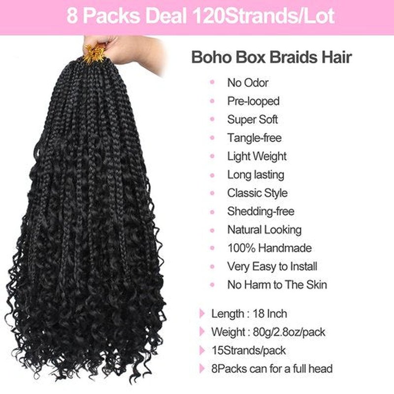 Unionbeauty 8 Packs Boho Box Braids 18 Inch Fluffy Bohemian Hippie Braids Distressed Goddess Box Braids Hair Curly Ends Pre-looped Crochet Hair Synthetic Braiding Hair Extension for Black Woman 1B#