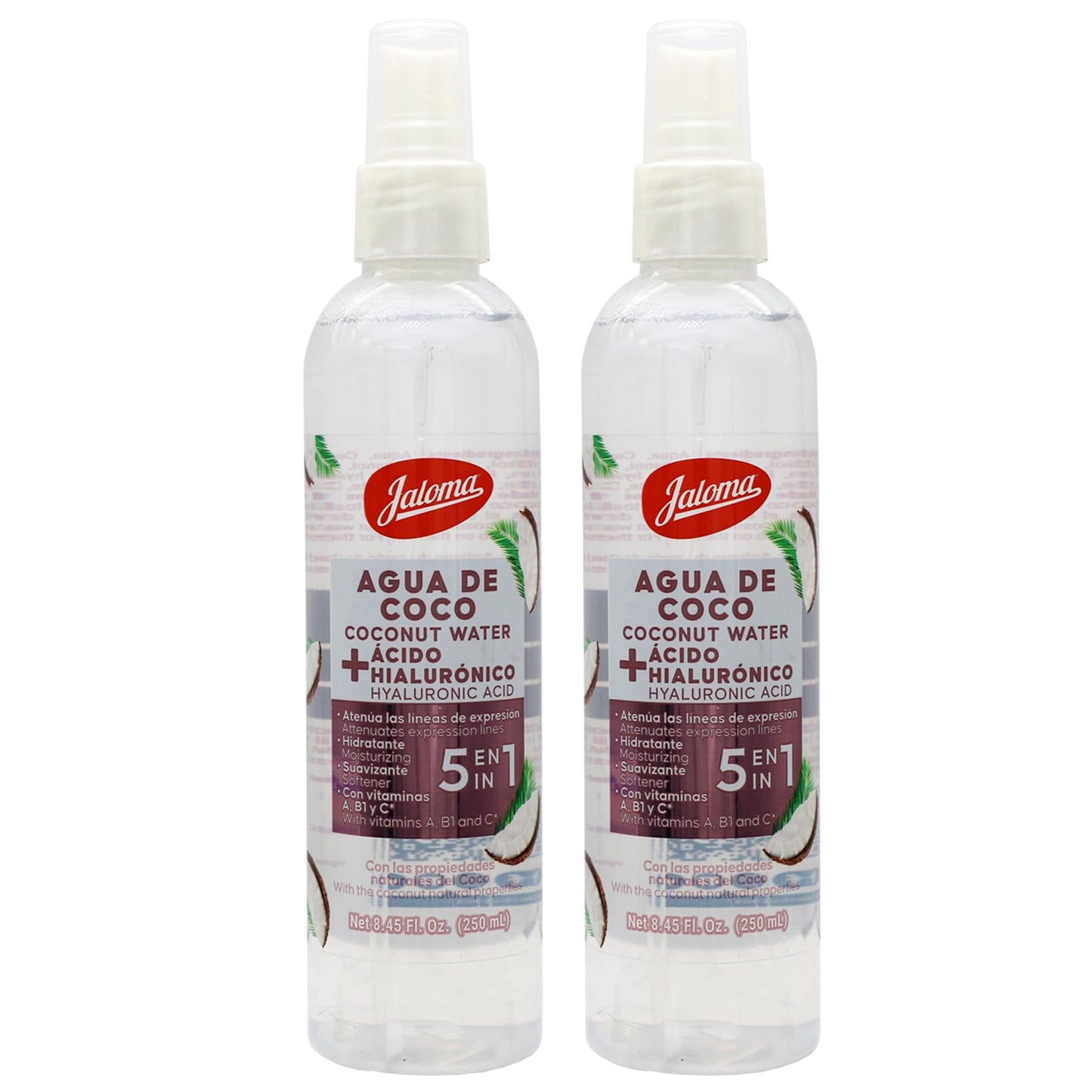 Jaloma Agua de Coco, Coconut Water with Hyaluronic Acid, Moisturizing Blurs Expression Lines, 2 Pack, 8.45 Fl Oz Each Bottle