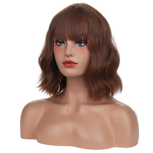 MAGQOO Brown Wig for Women Brown Bob Wigs with Bangs Shoulder Length Curly Wavy Brown Wigs Costume Cosplay Halloween Wigs with Wig Cap