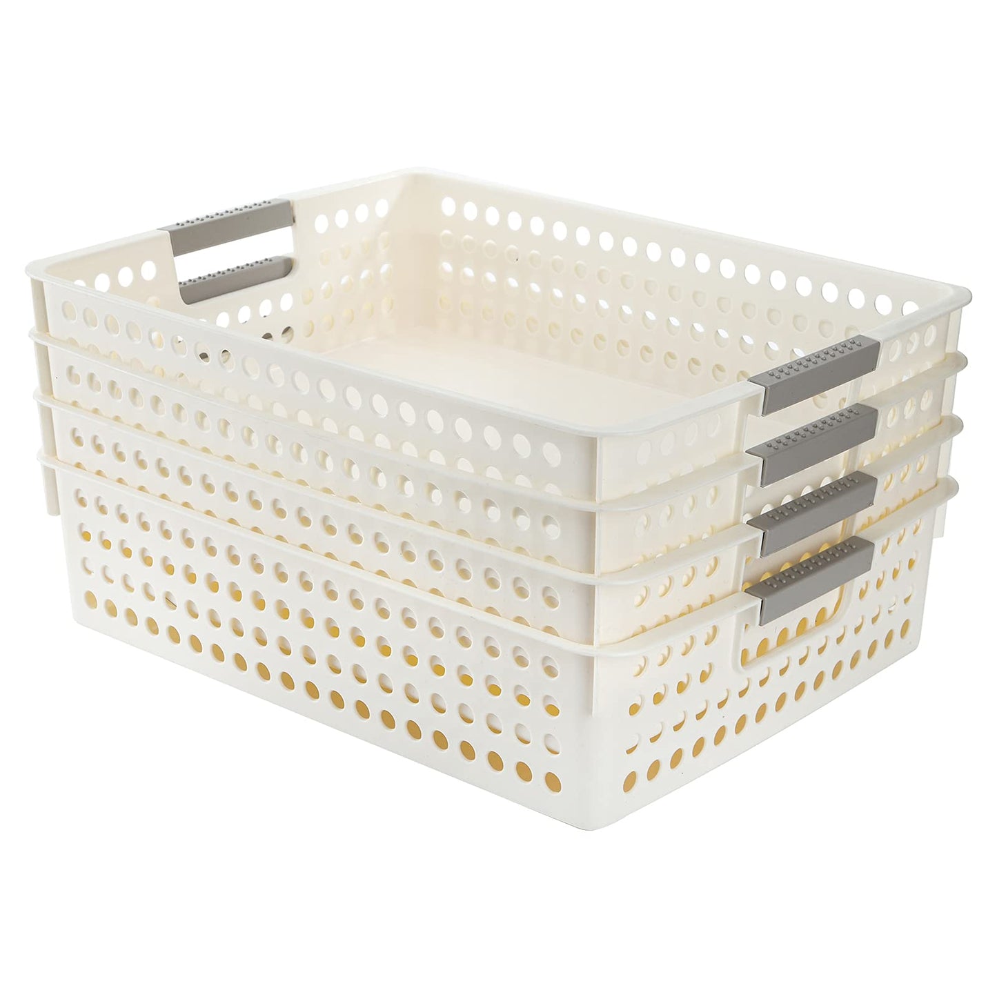 Bekith 4 Pack Plastic Storage Basket, A4 Size Plastic Storage Tray, Desktop File Organizer Baskets, 14 Inches x 10 Inches x 3.4 Inches, White