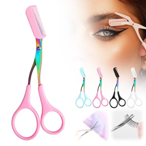 Eyebrow Trimming Scissors, Eyebrow Scissors with Comb, Non-Slip Eyebrow Trimming Razor, Hair Removal Eyebrow Scissors Makeup Tool, Precision Eyebrow Trimming Scissors Gifts for Men Women (B-Pink)