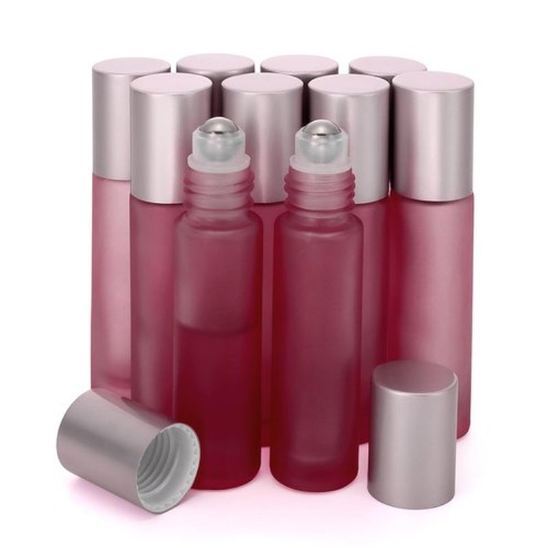 Kesell 10 Pack - 10ml Refillable Frosted Glass Roller Bottles Vials with Stainless Steel Roller Ball and Aluminum Cap - Pink Color