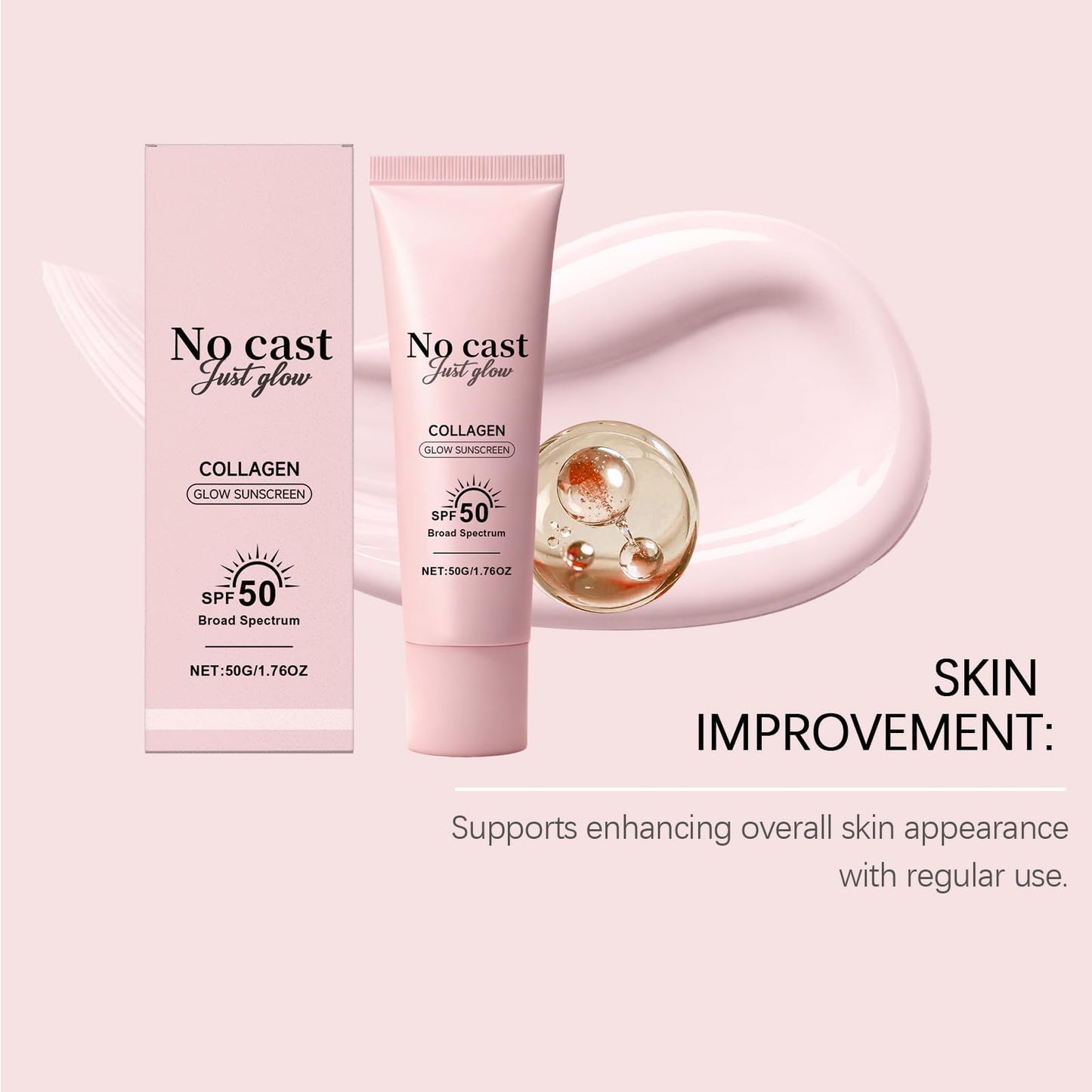 No Cast Just Glow Collagen Sunscreen, SPF 50 PA++++ Face Sunscreen with Peptide and Centella, Lightweight, Non-Sticky, Soothing Natural Sun screen Skincare
