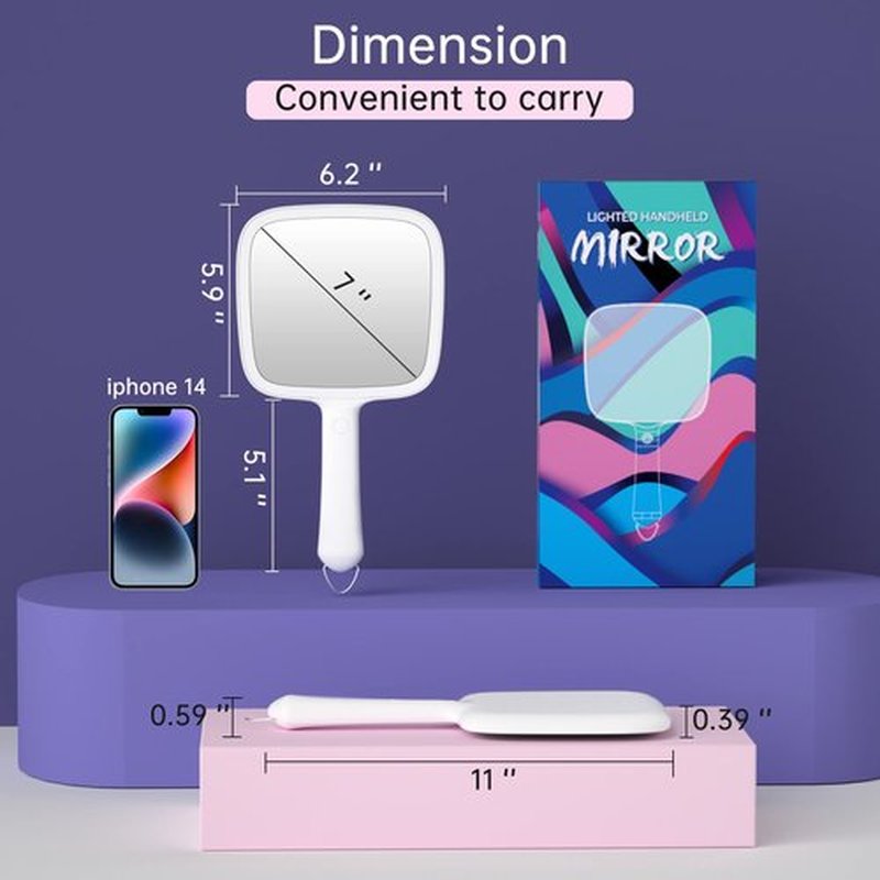 Lighted Handheld Mirror with 3 Light Color and Dimmable, 6.2'' X 5.9'' Makeup Mirror, Wide Viewing Angle, Lightweight & Durable, 4 AAA Battery, Versatile & Hangable for Makeup Application (White)