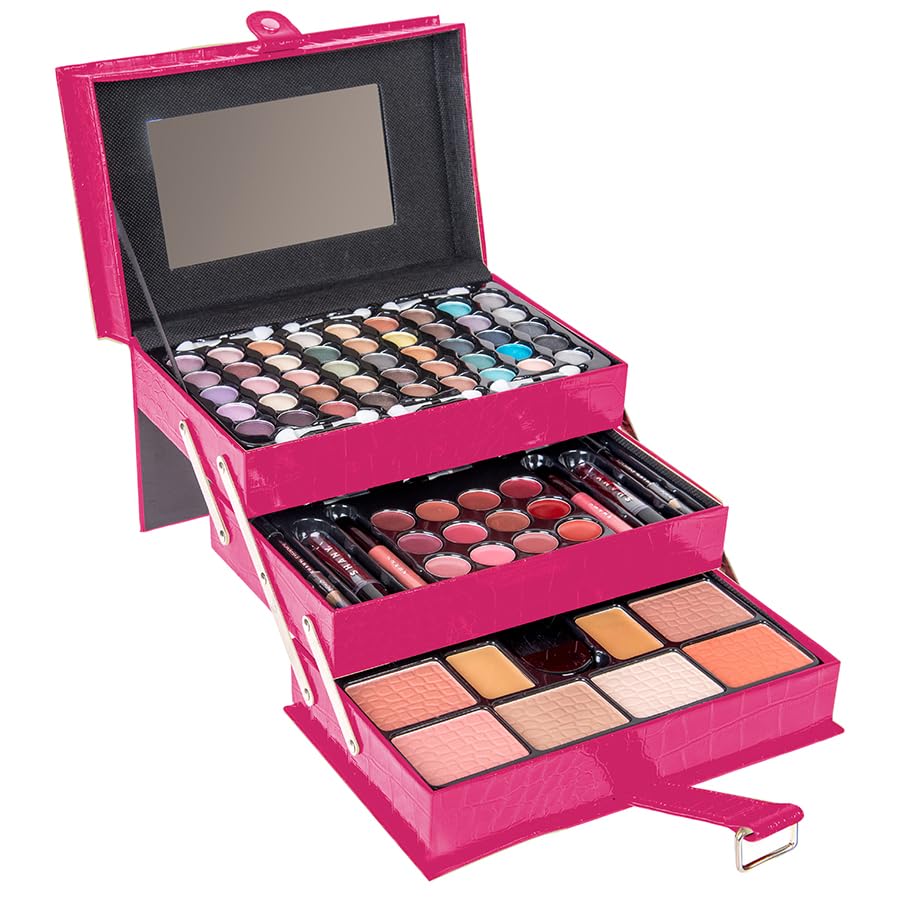 SHANY All In One Makeup Set, Eyeshadow, Blushes, Face Powder, Lipstick, Eye liners, Make up Pencils and Cosmetics Mirror - Makeup Kit With Reusable Storage Beauty Box - Red