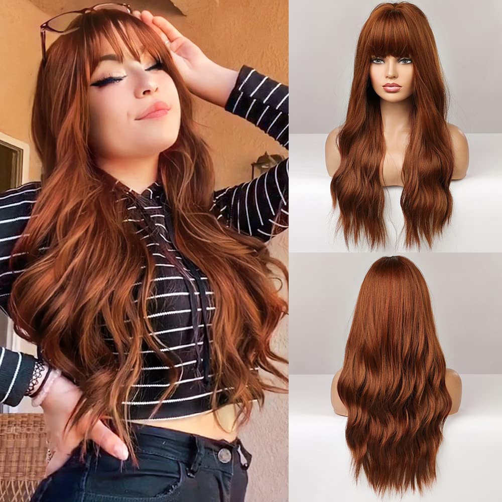 FORCUTEU Auburn Wig with Bangs Long Auburn Wigs for Women Auburn Wavy Wig Heat Resistant Wigs for Daily Party Halloween (Auburn 24inch)