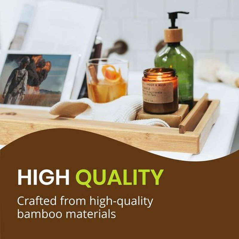 Nature Gear Bamboo Bathtub Tray, Waterproof & Durable Wooden Bath Tray Table for Tub, Extendable Reading Caddy with Phone & Tablet Holder, Easy-to-Adjust Bamboo Trays for Bathroom, Foldable Bamboo