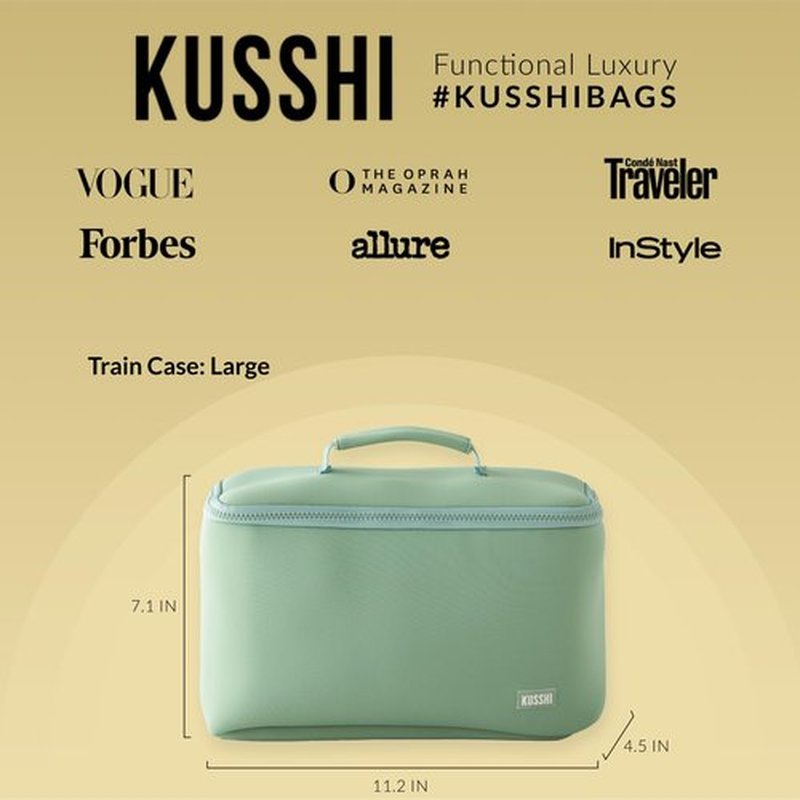 KUSSHI Neoprene Train Case Makeup Bag - Washable Makeup Travel Bag & Vanity Case for Stress Free Travel (Large, Sage/Coral Rose)