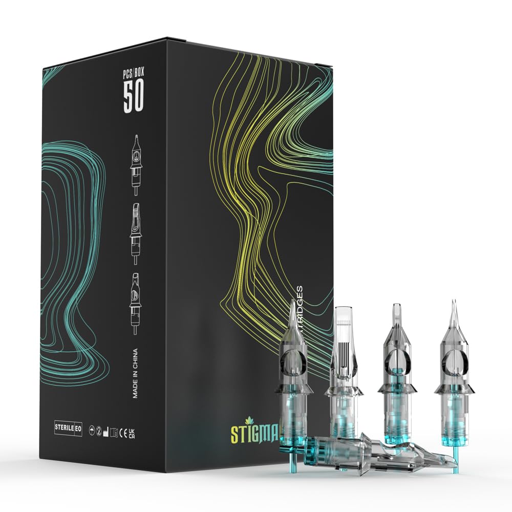 STIGMA Aquamarine Knight Tattoo Cartridge Needles #12(15RM) 50Pcs 0.35mm Standard Disposable Tattoo Needles Cartridges with Membrane Curved/Round Magnum EN02B-50-OF1215RM