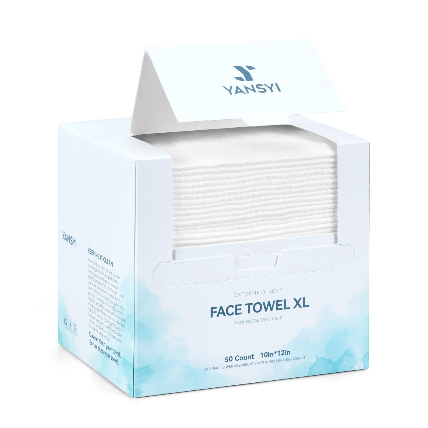 Yansyi Ultra-Thick Disposable Face Towels, 50 Count - 90g/m² Extra Large 10"x12" Cleansing & Makeup Remover Cloths, Ultra-Soft Biobased Fiber, Gentle for Sensitive Skin