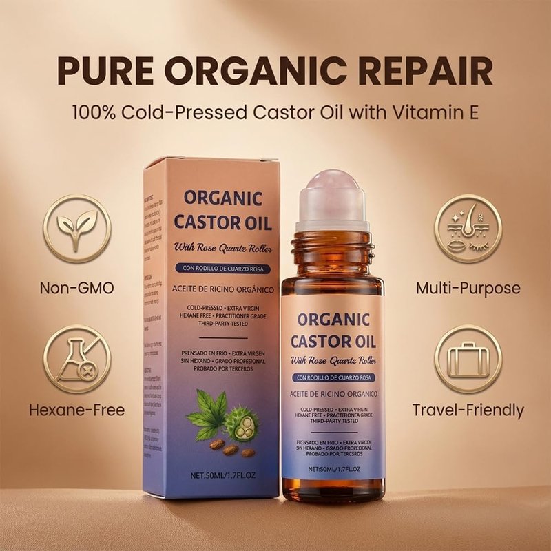 Organic Castor Oil Roll On, 100% Cold Pressed, with Rose Quartz Roller, for Brows, Lashes, Dry Skin & Face, Travel Friendly Leakproof Bottle (1p)