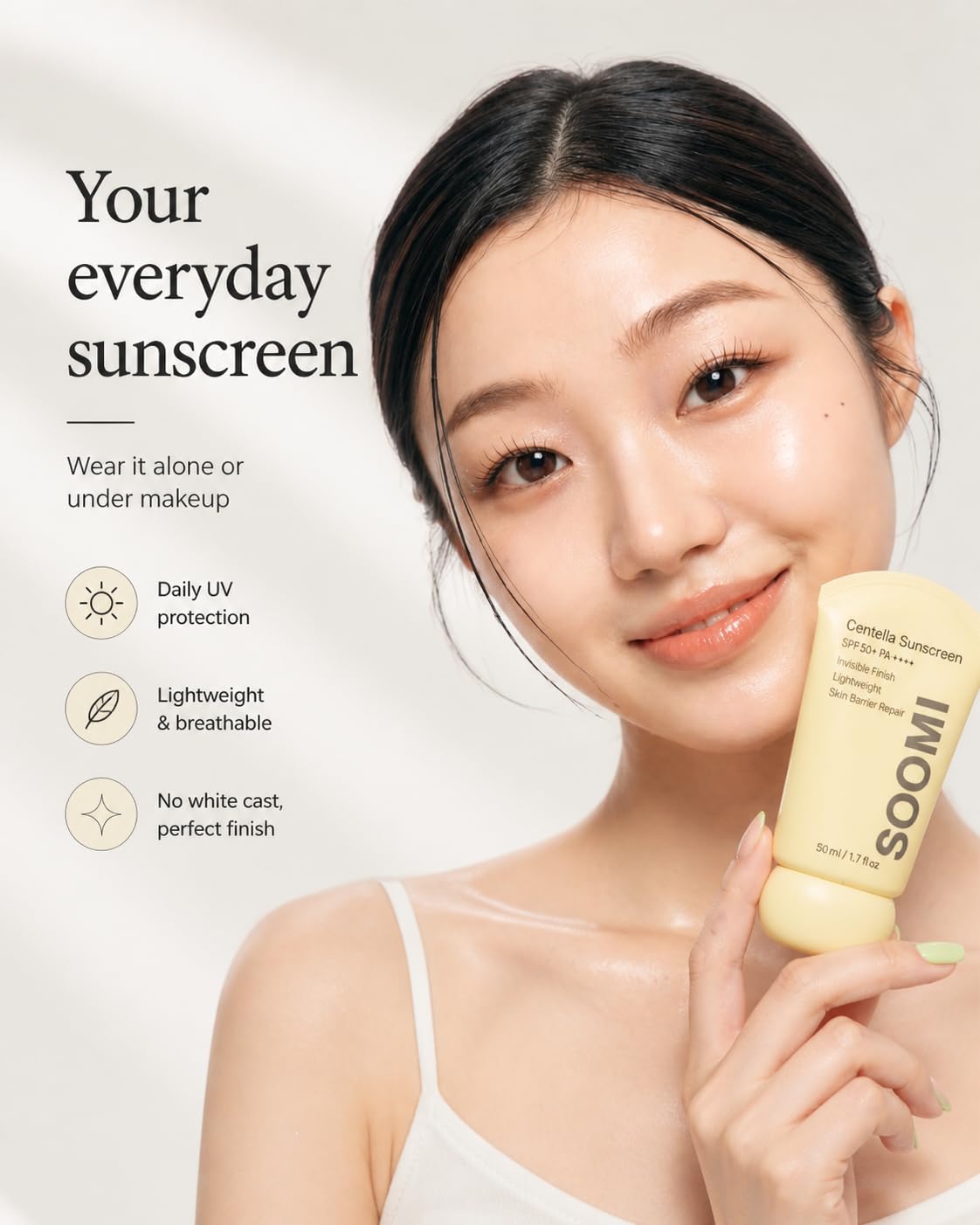 Soomi Skin Centella Sunscreen 50ml SPF 50 Centella Asiatica Korean Face Sunscreen for Sensitive Skin, No White Cast, Lightweight Hydrating Sun Protection, Skin Barrier Repair, Niacinamide